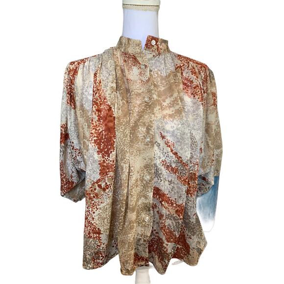 Vintage 60s High neck swing puff sleeve Sponge Print Top Tan Rust - Picture 1 of 5